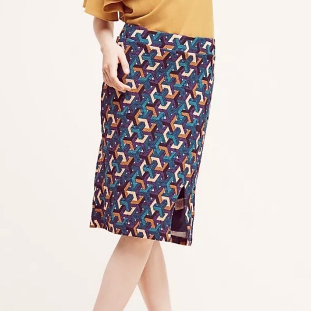 Anthropologie Maeve Midi Stretch Front Slit Geometric Pencil Skirt